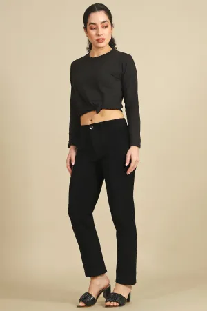 Black Solid Cotton Blend Straight Pants