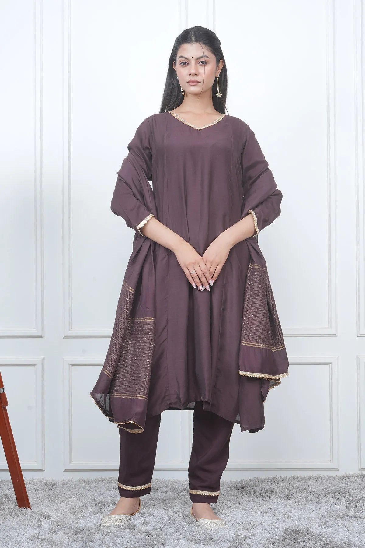 Brown V-Neck Flared Kurta Set