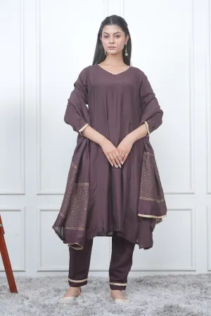 Brown V-Neck Flared Kurta Set