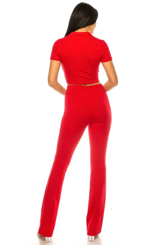 Collared Top Cotton Pant Set