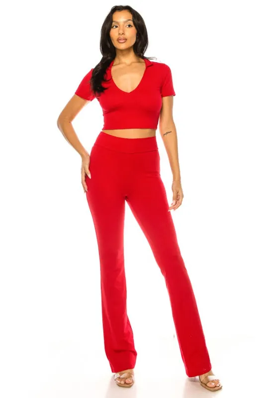 Collared Top Cotton Pant Set