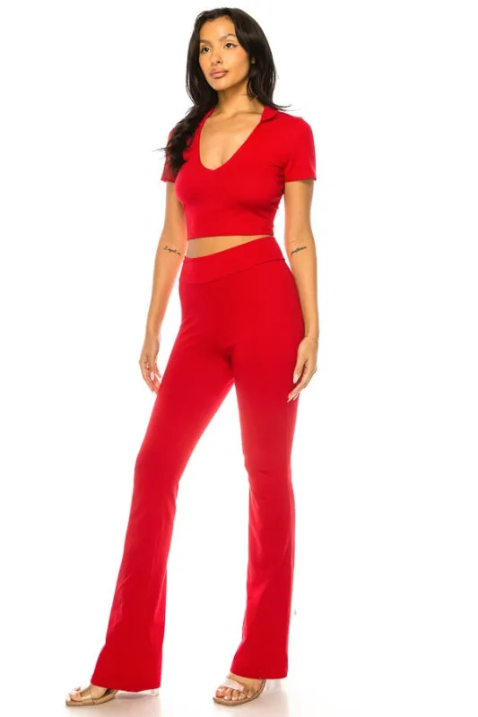 Collared Top Cotton Pant Set