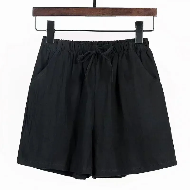 Cotton Linen Beach Shorts Women Basic Short Pants Mini Wide Leg Trousers Ladies Fashion Casual Home Streetwear