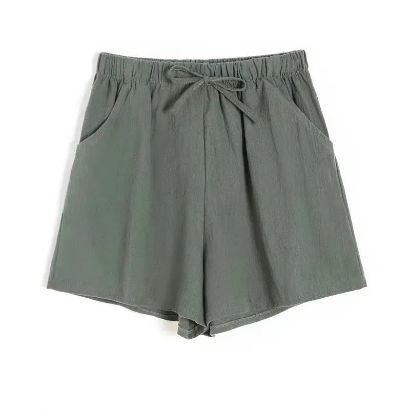 Cotton Linen Beach Shorts Women Basic Short Pants Mini Wide Leg Trousers Ladies Fashion Casual Home Streetwear