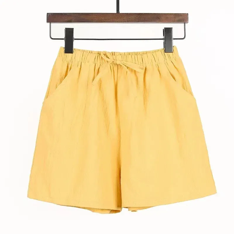 Cotton Linen Beach Shorts Women Basic Short Pants Mini Wide Leg Trousers Ladies Fashion Casual Home Streetwear