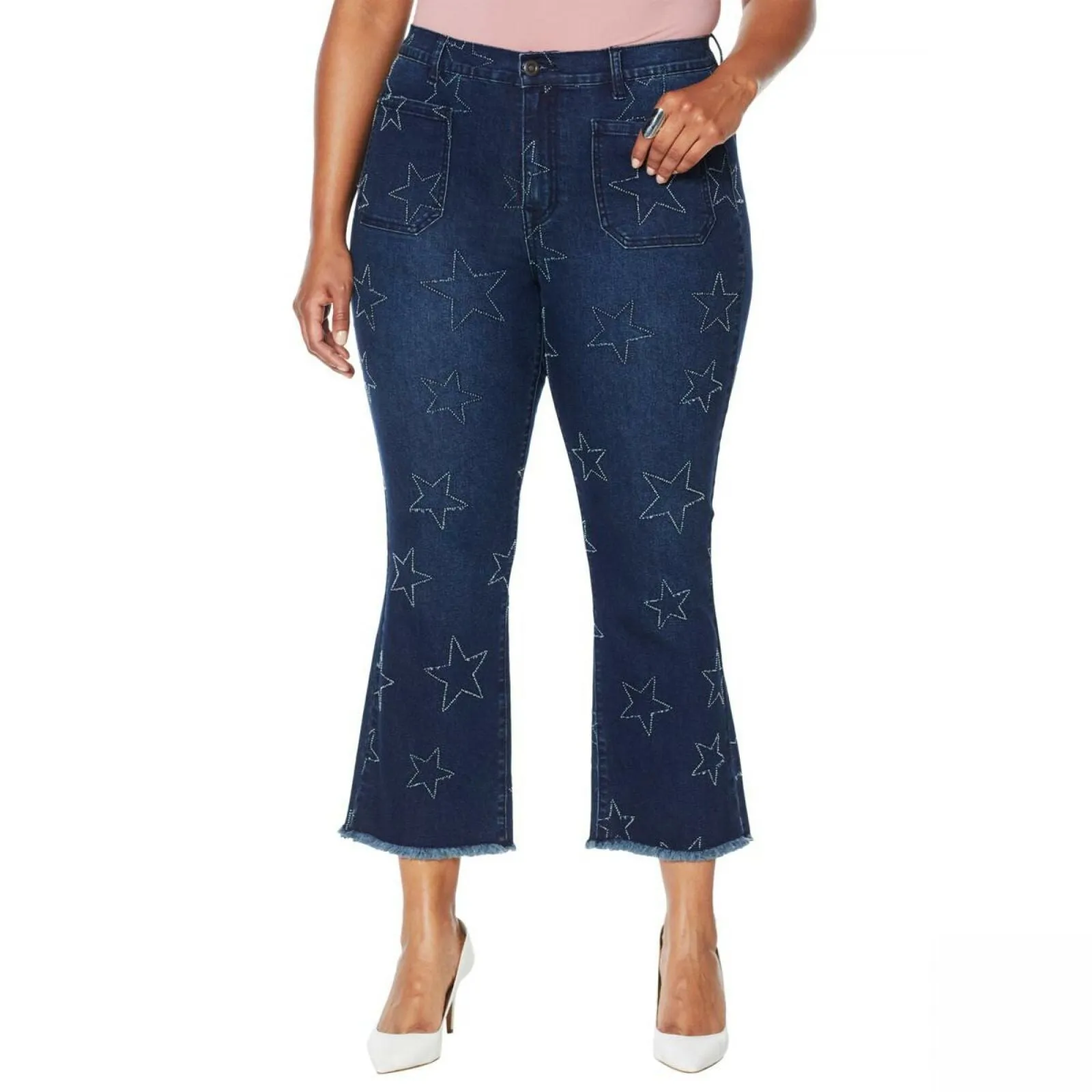 DG2 by Diane Gilman Women's Plus Size Star Needle Punch Crop Jeans