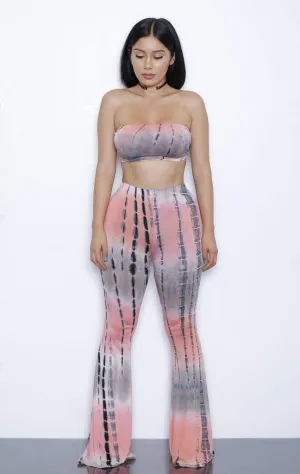 European and American Style Gradient Tie Dye Flare Pants for Women High Waist Wide Leg Long Trousers with Short Tops