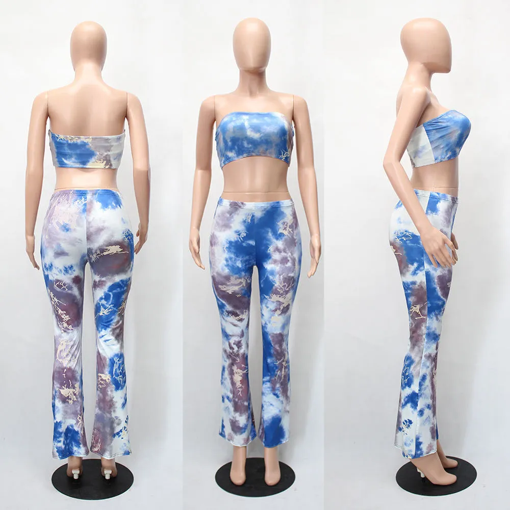 European and American Style Gradient Tie Dye Flare Pants for Women High Waist Wide Leg Long Trousers with Short Tops