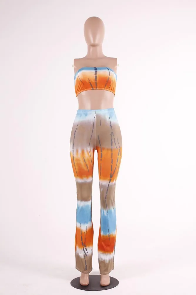 European and American Style Gradient Tie Dye Flare Pants for Women High Waist Wide Leg Long Trousers with Short Tops