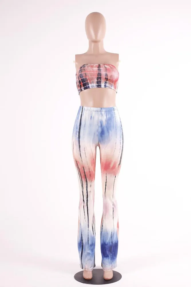 European and American Style Gradient Tie Dye Flare Pants for Women High Waist Wide Leg Long Trousers with Short Tops