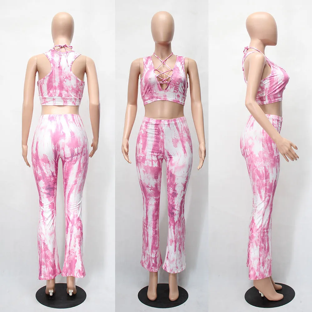European and American Style Gradient Tie Dye Flare Pants for Women High Waist Wide Leg Long Trousers with Short Tops