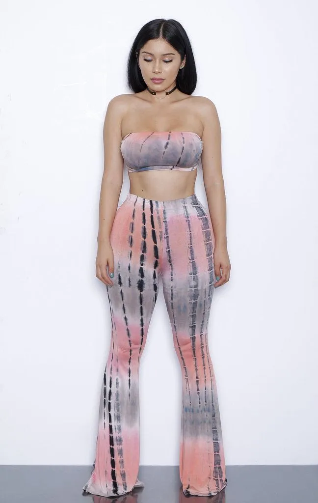 European and American Style Gradient Tie Dye Flare Pants for Women High Waist Wide Leg Long Trousers with Short Tops