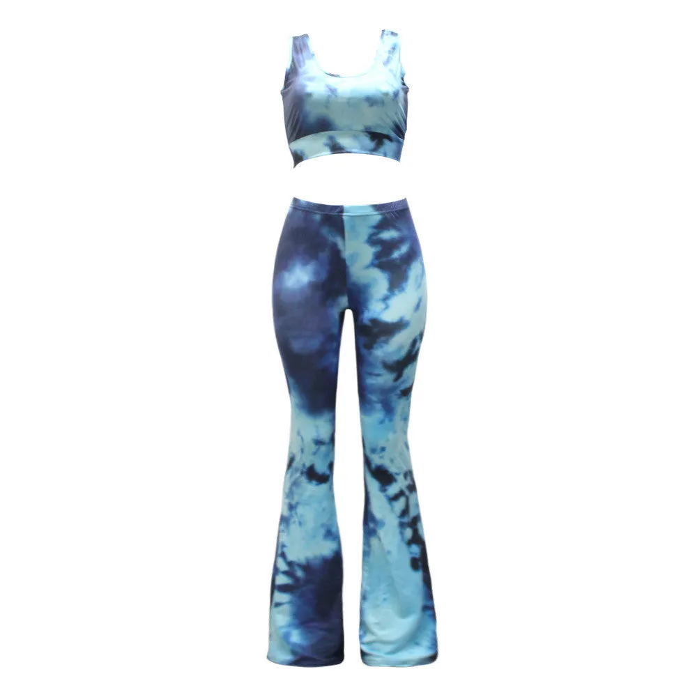 European and American Style Gradient Tie Dye Flare Pants for Women High Waist Wide Leg Long Trousers with Short Tops