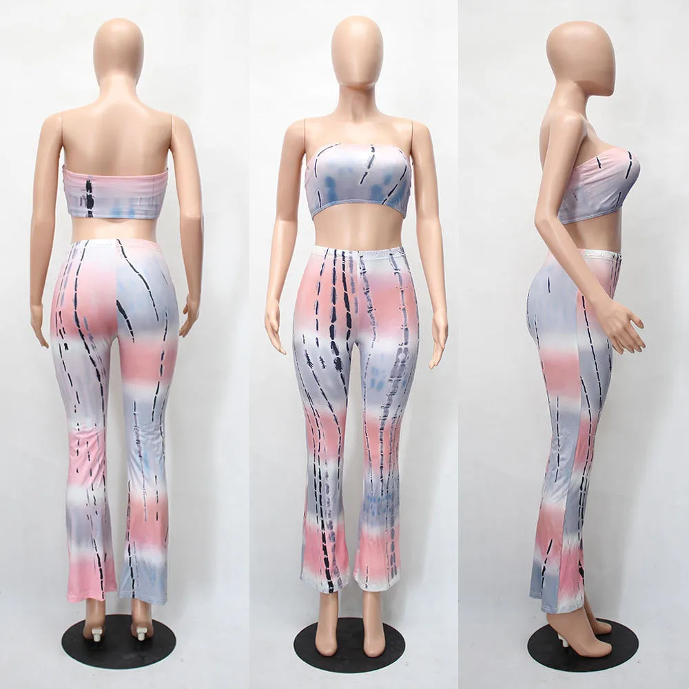 European and American Style Gradient Tie Dye Flare Pants for Women High Waist Wide Leg Long Trousers with Short Tops