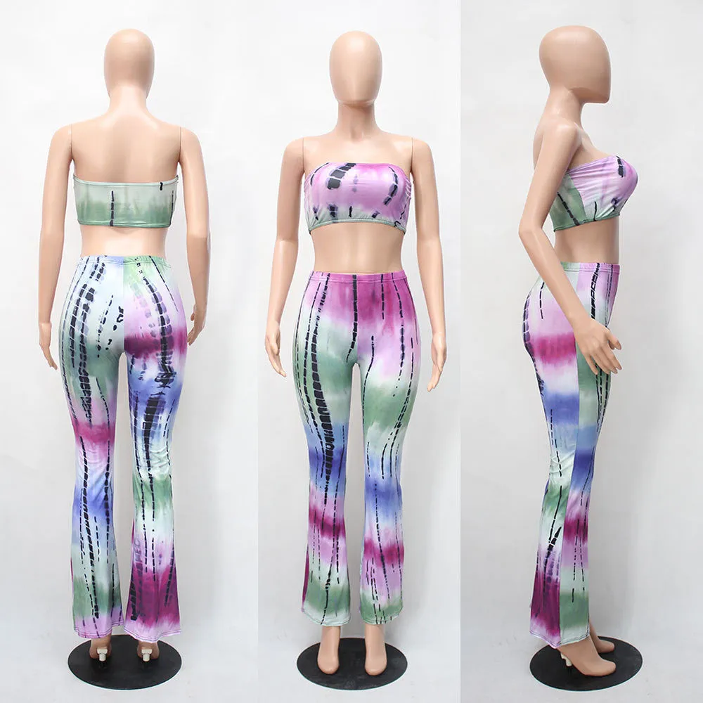 European and American Style Gradient Tie Dye Flare Pants for Women High Waist Wide Leg Long Trousers with Short Tops