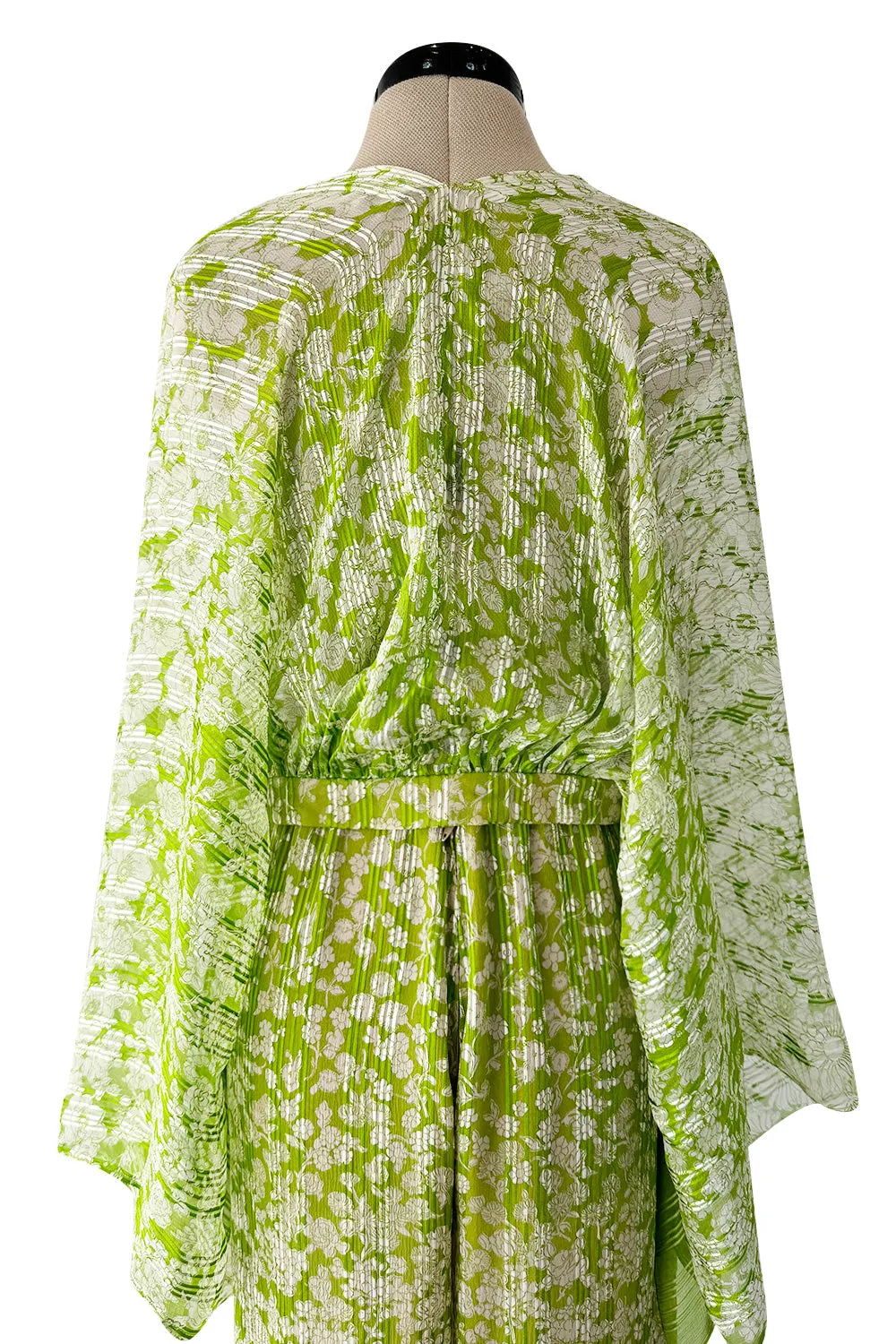 Fantastic 1970s Pauline Trigere Two Piece Green Silk Chiffon  Plunge Top & Wide Leg Pant Set