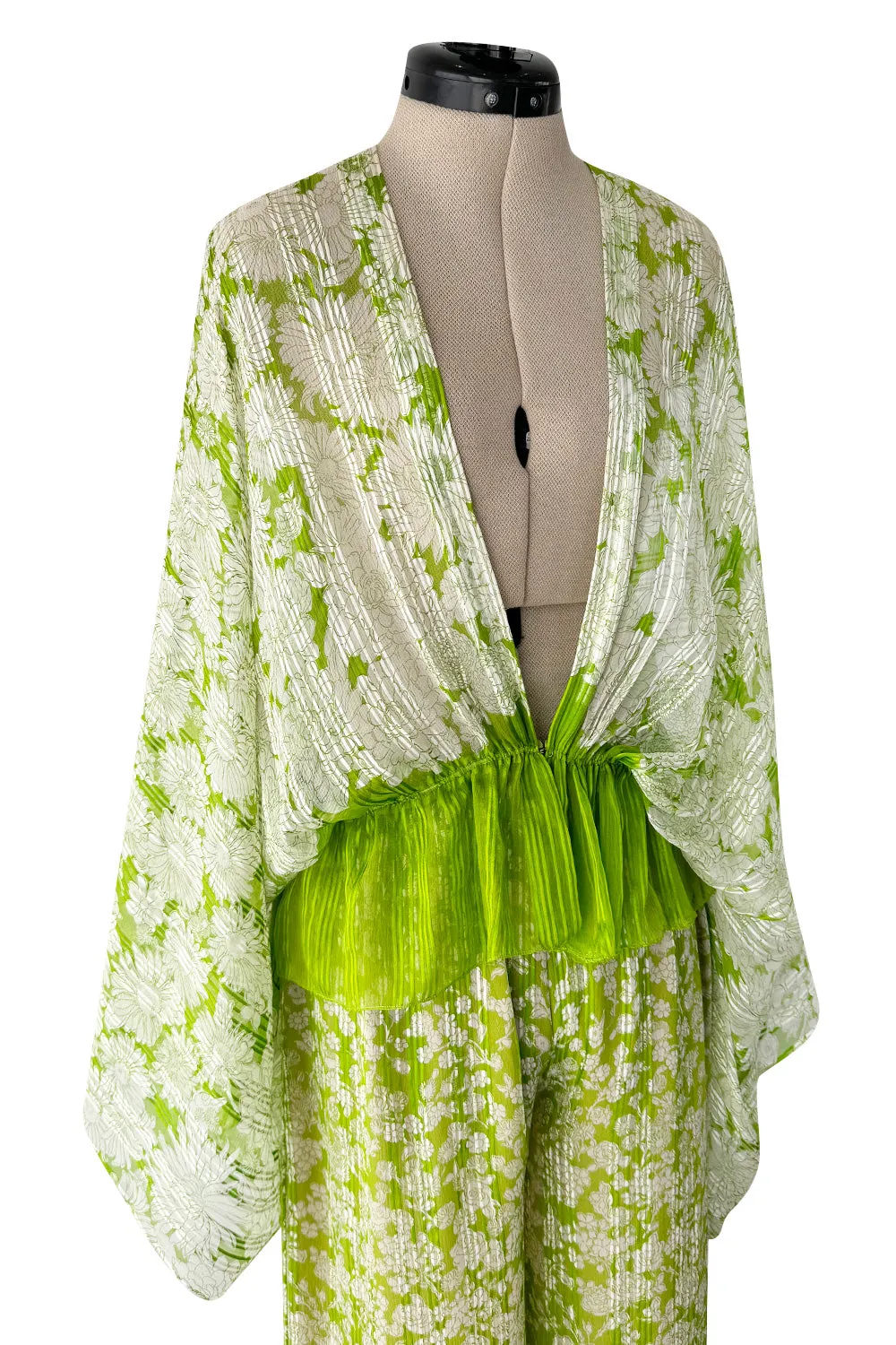 Fantastic 1970s Pauline Trigere Two Piece Green Silk Chiffon  Plunge Top & Wide Leg Pant Set