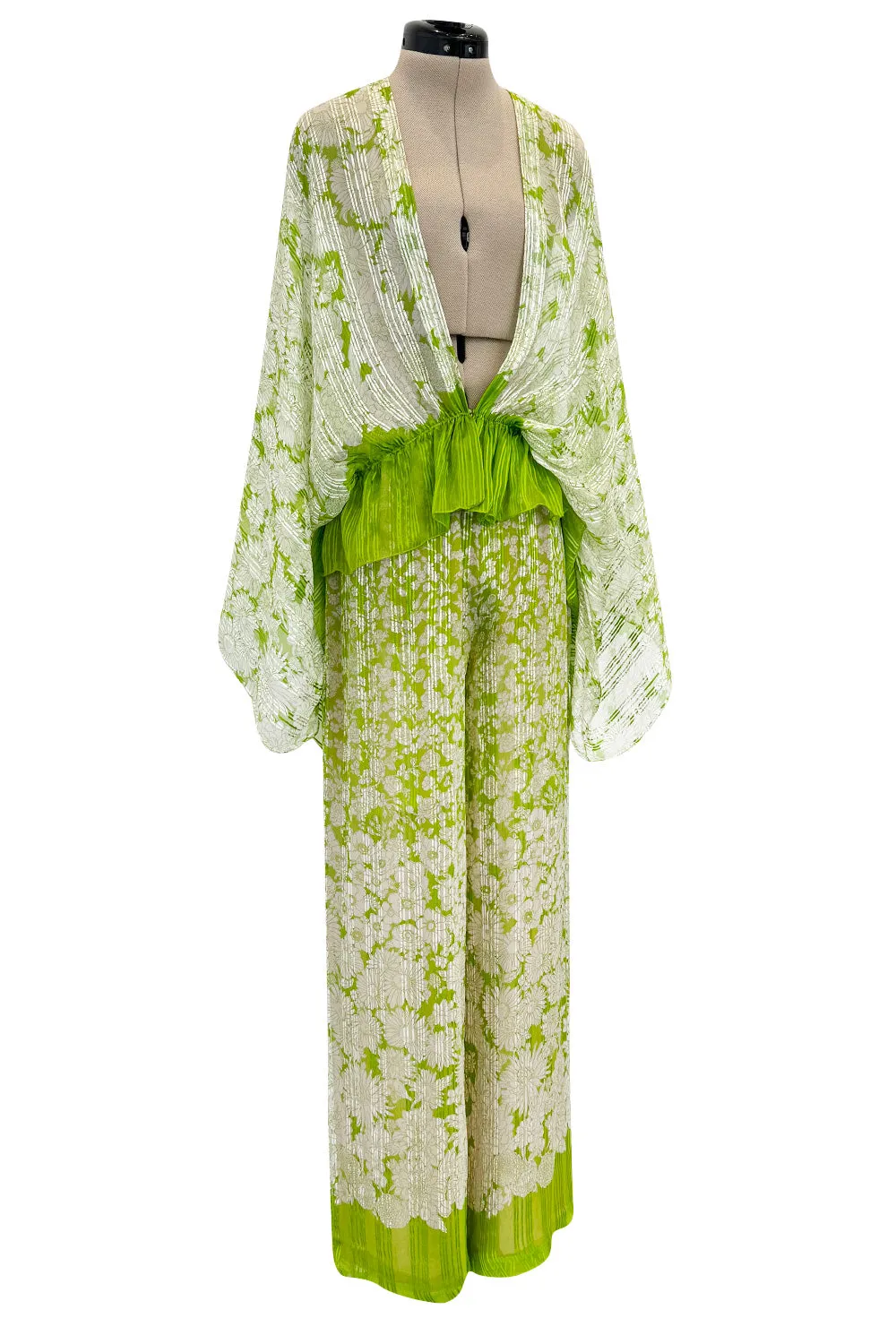 Fantastic 1970s Pauline Trigere Two Piece Green Silk Chiffon  Plunge Top & Wide Leg Pant Set