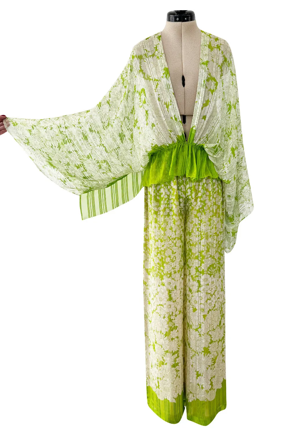 Fantastic 1970s Pauline Trigere Two Piece Green Silk Chiffon  Plunge Top & Wide Leg Pant Set