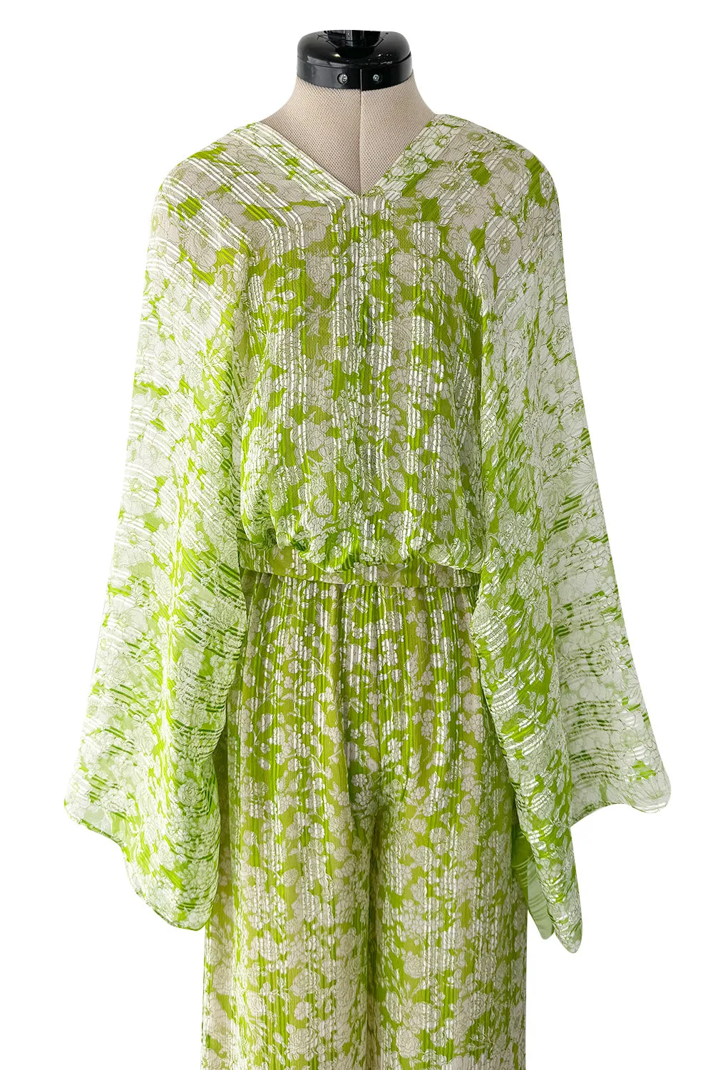 Fantastic 1970s Pauline Trigere Two Piece Green Silk Chiffon  Plunge Top & Wide Leg Pant Set