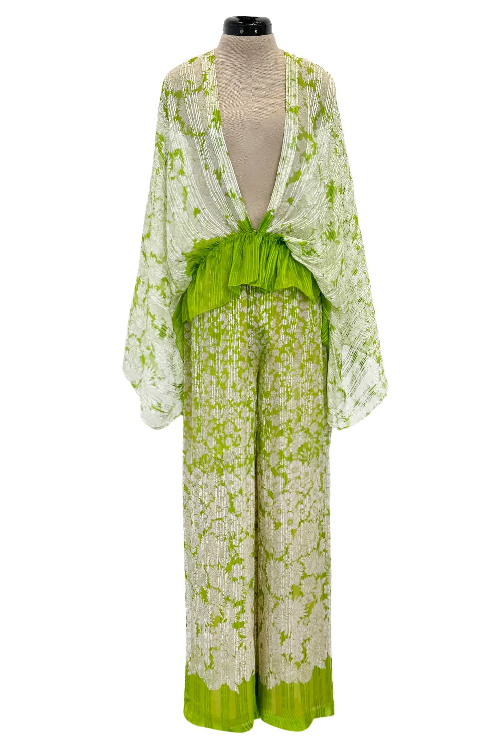 Fantastic 1970s Pauline Trigere Two Piece Green Silk Chiffon  Plunge Top & Wide Leg Pant Set