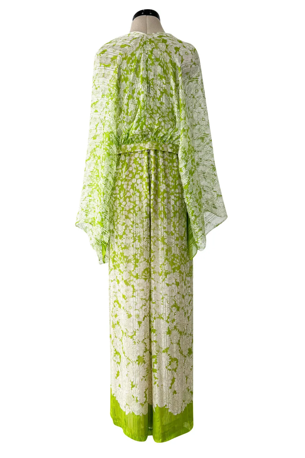 Fantastic 1970s Pauline Trigere Two Piece Green Silk Chiffon  Plunge Top & Wide Leg Pant Set
