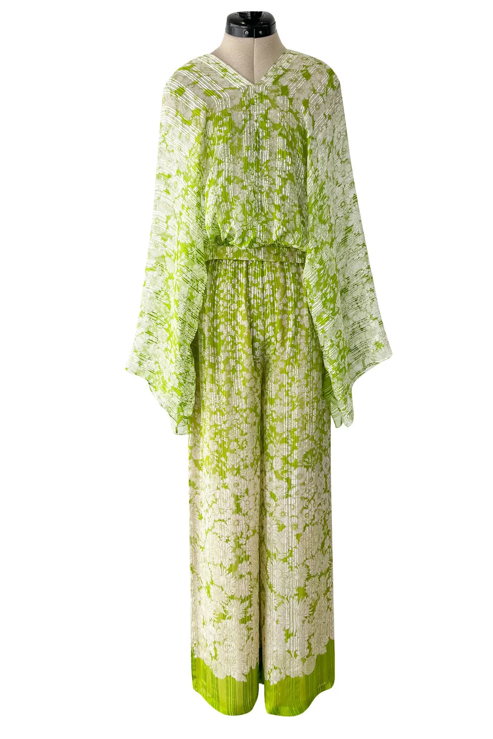 Fantastic 1970s Pauline Trigere Two Piece Green Silk Chiffon  Plunge Top & Wide Leg Pant Set