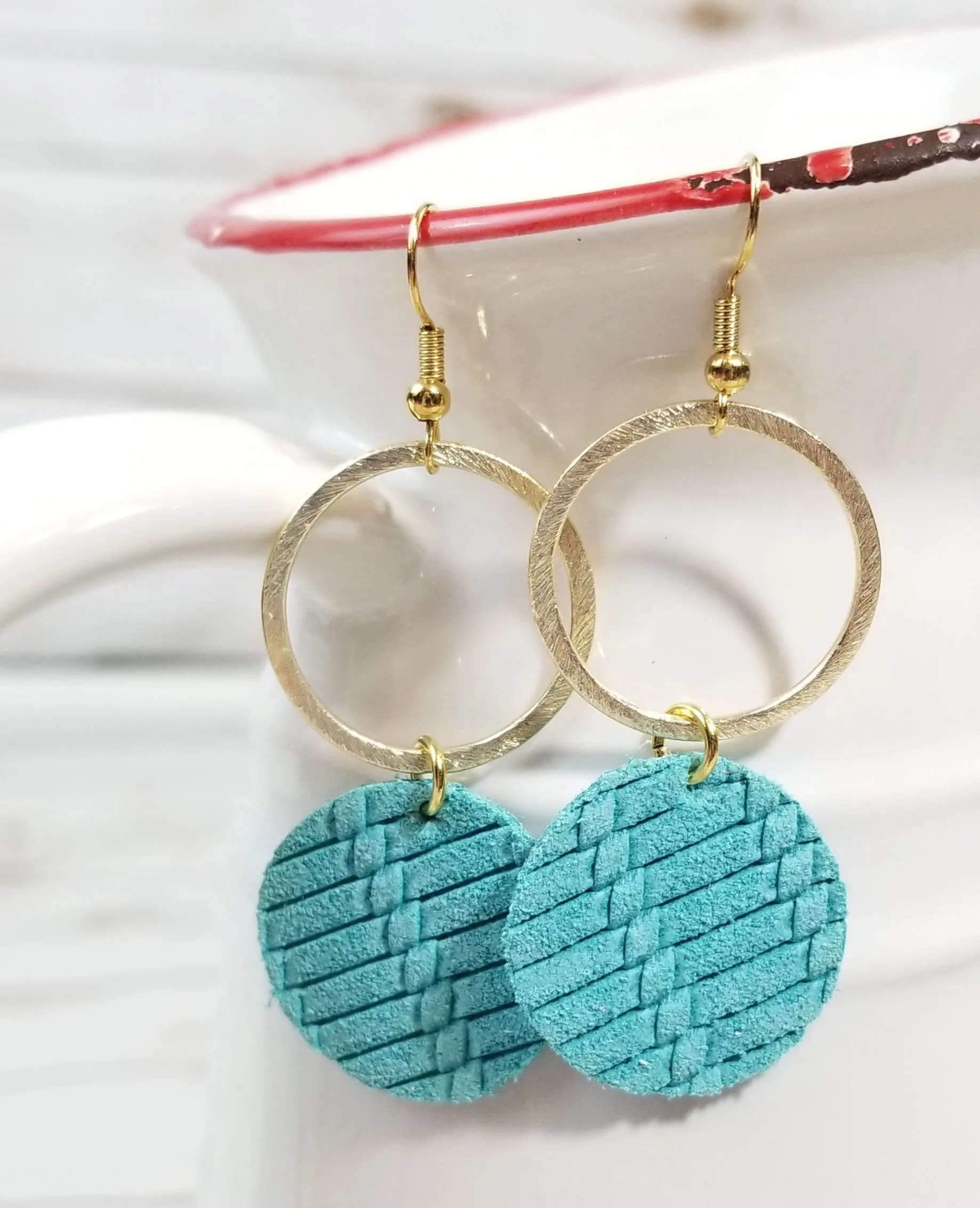 Gold Metal/Teal Woven Circle Leather Earrings