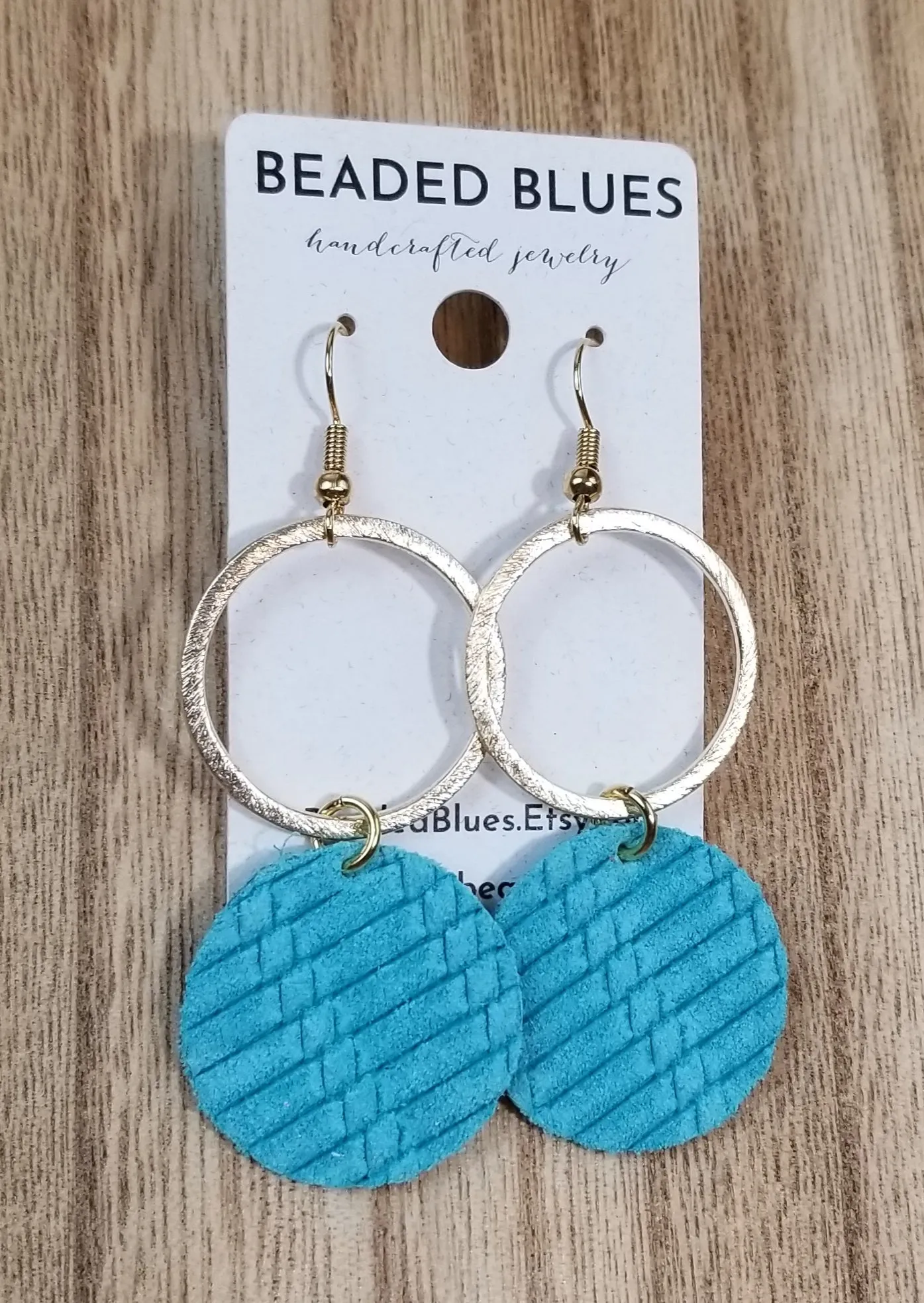Gold Metal/Teal Woven Circle Leather Earrings