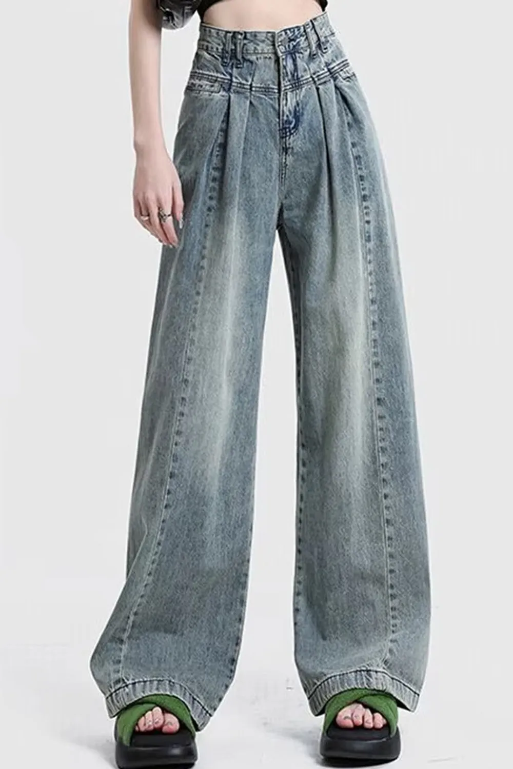 High Waist Pleated Style Washed Jeans Pants