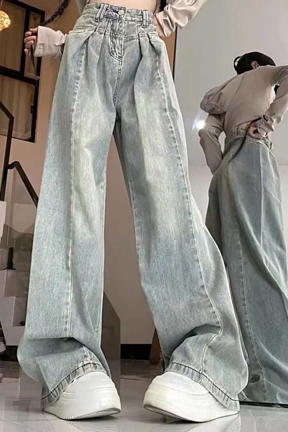 High Waist Pleated Style Washed Jeans Pants
