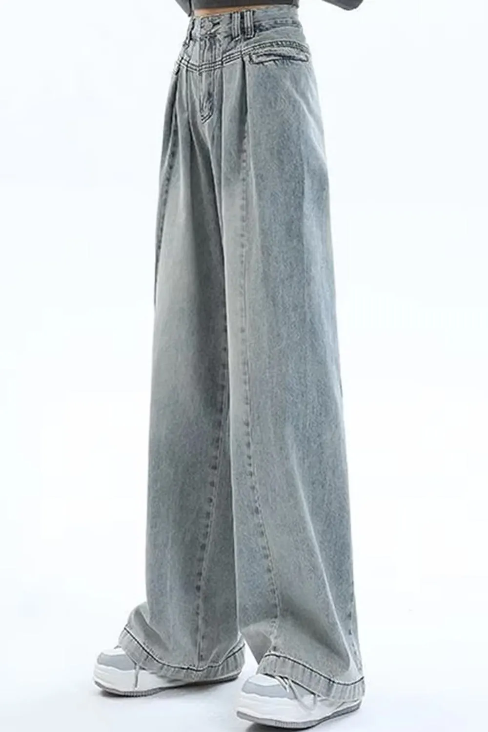 High Waist Pleated Style Washed Jeans Pants