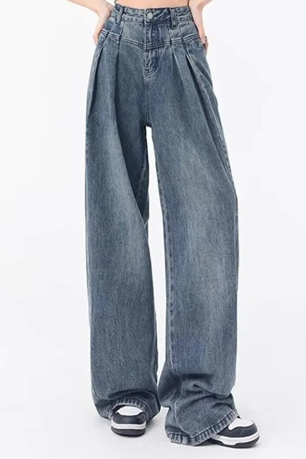 High Waist Pleated Style Washed Jeans Pants