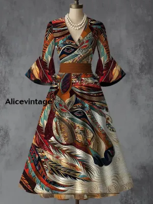 Horse Art Print V-Neck Flare Sleeve Vintage Elegant Dress