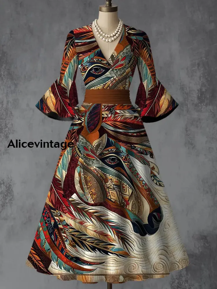 Horse Art Print V-Neck Flare Sleeve Vintage Elegant Dress