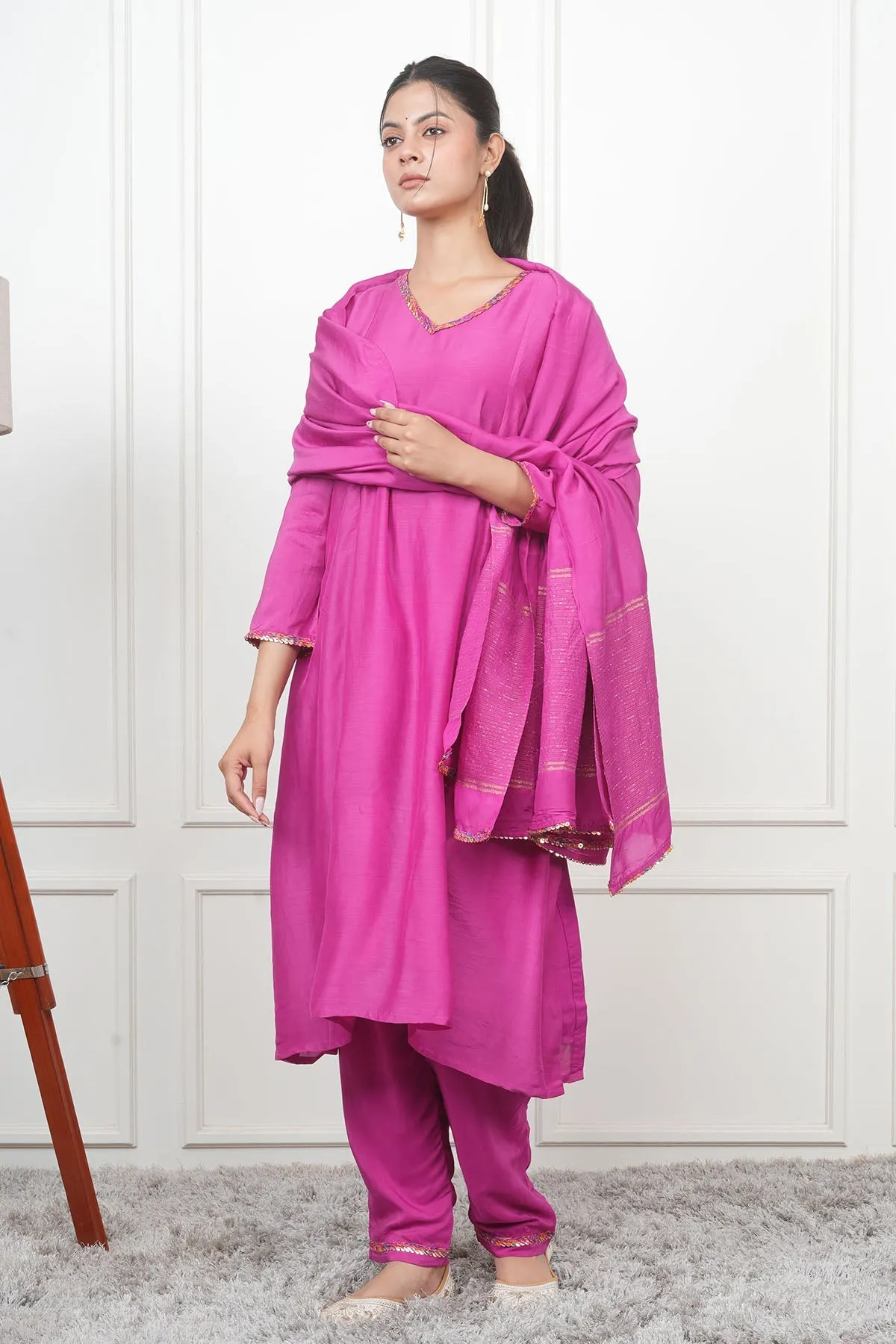 Magenta V-Neck Flared Kurta Set