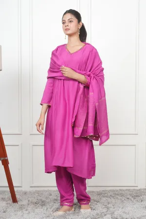 Magenta V-Neck Flared Kurta Set