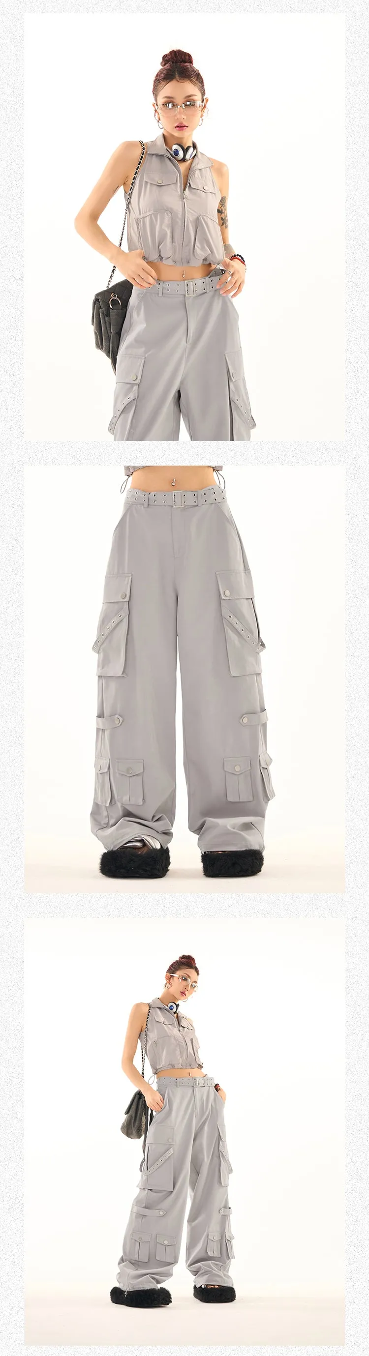 Masha Solid Color Multi-Pocket Multi-Strap High Waist Straight Leg Cargo Pants
