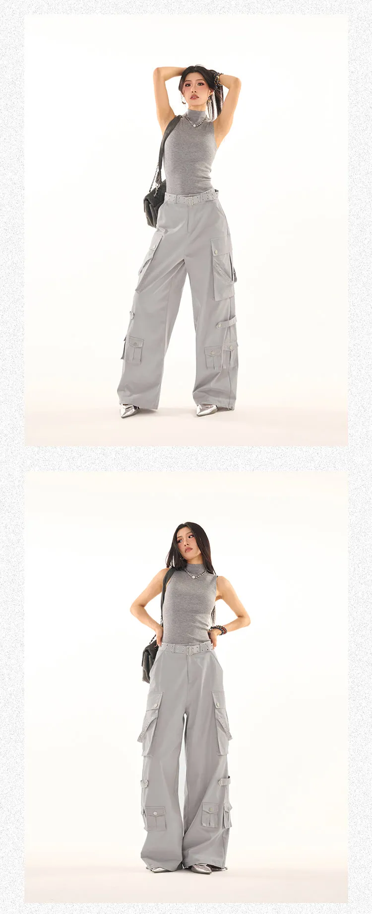 Masha Solid Color Multi-Pocket Multi-Strap High Waist Straight Leg Cargo Pants