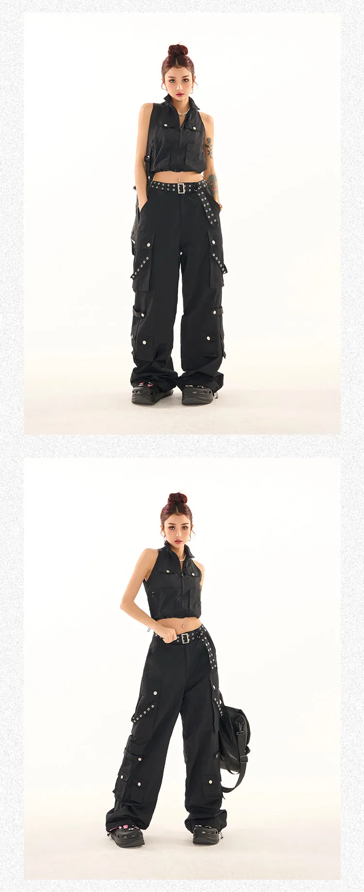 Masha Solid Color Multi-Pocket Multi-Strap High Waist Straight Leg Cargo Pants