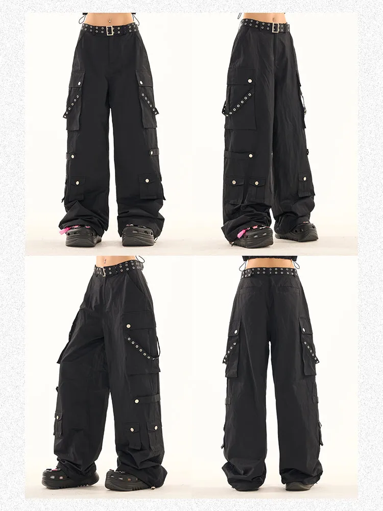 Masha Solid Color Multi-Pocket Multi-Strap High Waist Straight Leg Cargo Pants