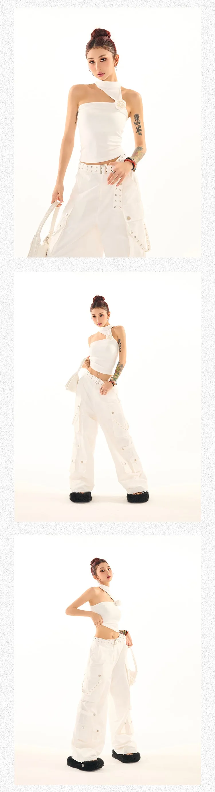 Masha Solid Color Multi-Pocket Multi-Strap High Waist Straight Leg Cargo Pants