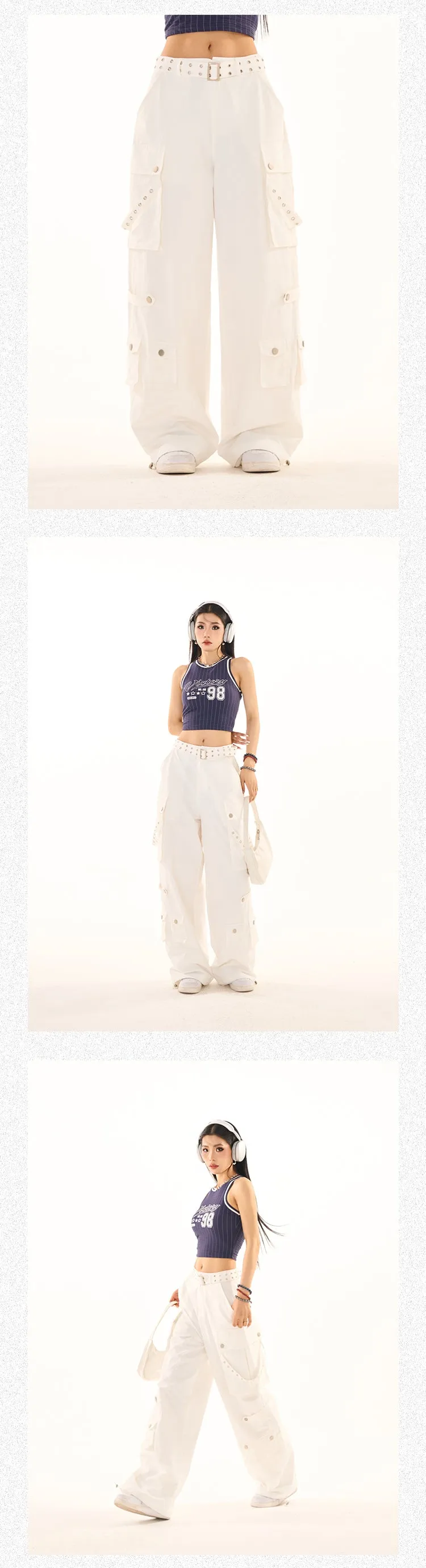 Masha Solid Color Multi-Pocket Multi-Strap High Waist Straight Leg Cargo Pants
