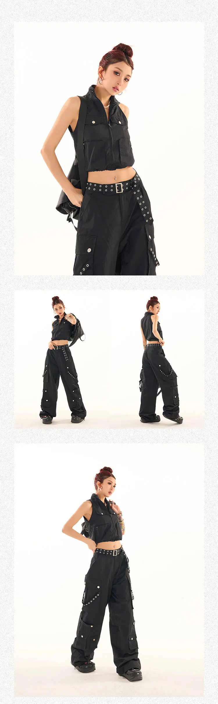 Masha Solid Color Multi-Pocket Multi-Strap High Waist Straight Leg Cargo Pants