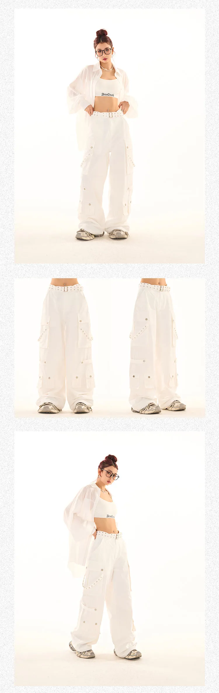 Masha Solid Color Multi-Pocket Multi-Strap High Waist Straight Leg Cargo Pants