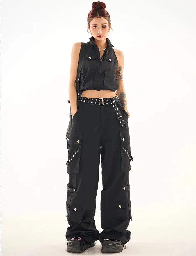 Masha Solid Color Multi-Pocket Multi-Strap High Waist Straight Leg Cargo Pants