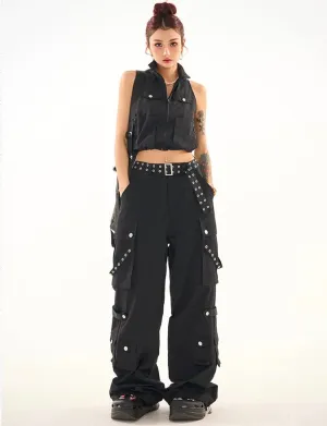 Masha Solid Color Multi-Pocket Multi-Strap High Waist Straight Leg Cargo Pants