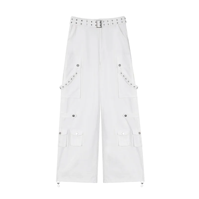 Masha Solid Color Multi-Pocket Multi-Strap High Waist Straight Leg Cargo Pants
