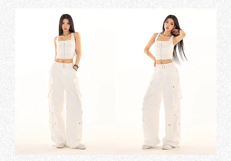 Masha Solid Color Multi-Pocket Multi-Strap High Waist Straight Leg Cargo Pants