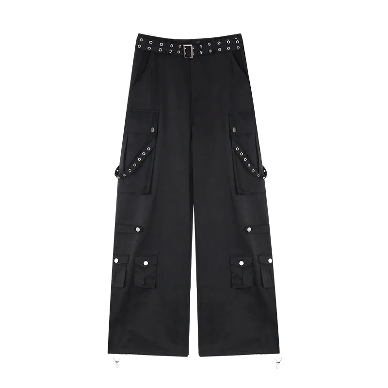 Masha Solid Color Multi-Pocket Multi-Strap High Waist Straight Leg Cargo Pants